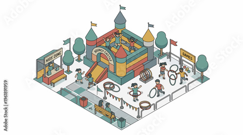 A vibrant festival scene featuring a colorful flat vector castle with people enjoying rides and food at an outdoor event