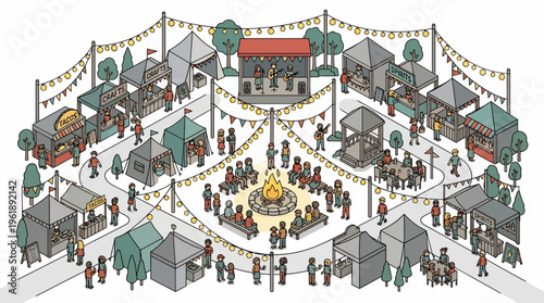 Vibrant flat vector illustration of people enjoying a lively festival at an outdoor event with stalls and colorful decorations