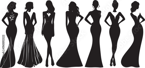 Silhouettes of women in evening gowns.