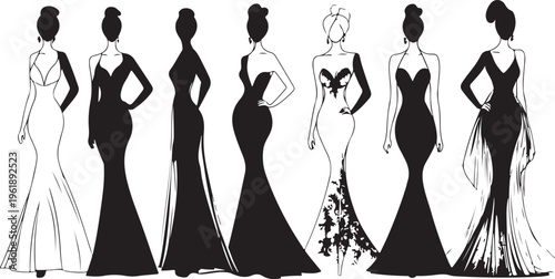 Silhouettes of women in evening gowns.