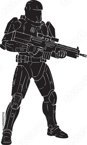Space marine with futuristic weapon, silhouette vector illustration, line art