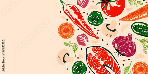Abstract food background. Natural organic vegetables fish ingredients banner with fresh vegetarian farm products cucumber carrot tomato pepper onion salmon. Vector flat illustration