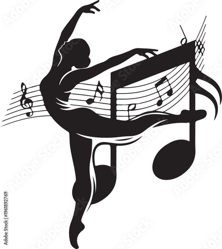 Ballet Dancer Silhouette with Musical Notes and Staff
