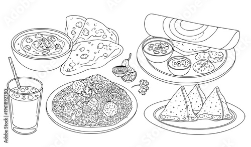 A black and white illustration of various indian foods and drinks on plates and in bowls