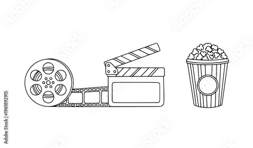 Film and cinema essentials clapperboard movie reel and popcorn