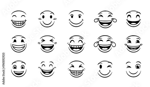 Collection of 12 unique smiley faces with various expressions and winking eyes