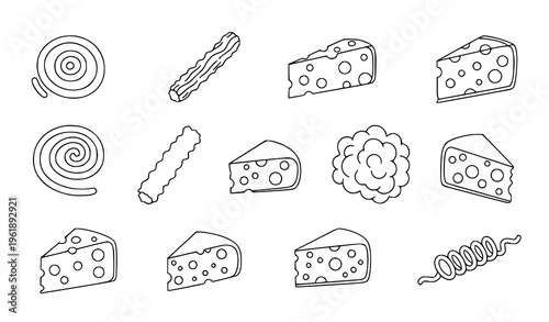 A collection of hand drawn cheese and charcuterie illustrations in a simple line art style on a white background
