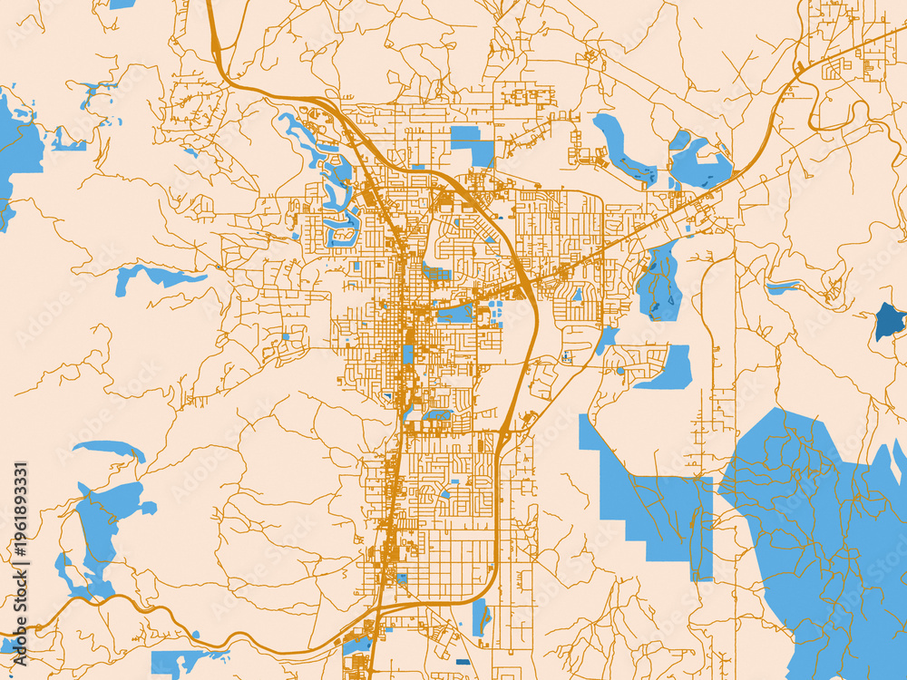 Naklejka premium Urban map poster of Carson City, Nevada with warm neutral map design featuring golden roads, pale cream land and bright blue water accents