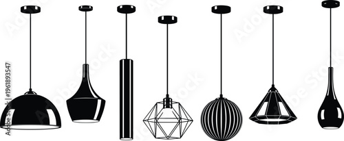 Set of seven pendant light silhouettes featuring dome, conical, cylindrical, geometric, spherical, and teardrop designs for modern interior decor