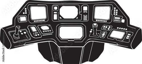 Spaceship cockpit dashboard vector illustration with control panels and monitor line art