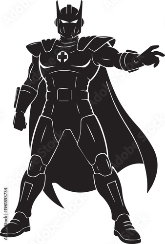 Superhero vector illustration silhouette with cape, futuristic armor, and plus symbol