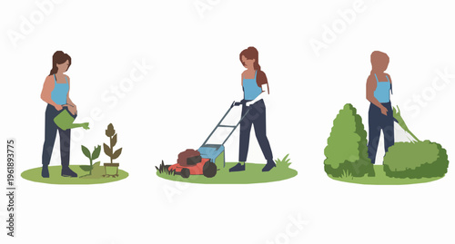 Woman Gardening Set Watering Mowing Trimming Vector Illustration