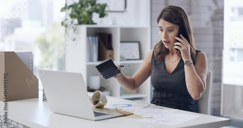 Cuadro en lienzo Shock, woman or coffee spill on laptop in office, phone call distraction or multitasking fail for accident