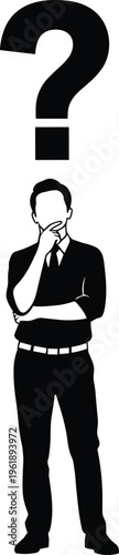 Silhouette businessman pondering with question mark above head representing decision making, problem solving, uncertainty, contemplation, and seeking thoughtful answers
