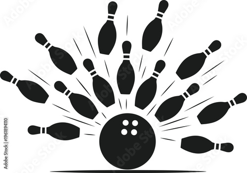 Bowling strike illustration, dynamic artwork with ball hitting pins motion energy scattering excitement sport vector design