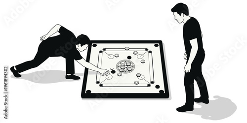 Carrom board illustration, traditional tabletop game artwork with players striker coins precision strategy leisure vector design