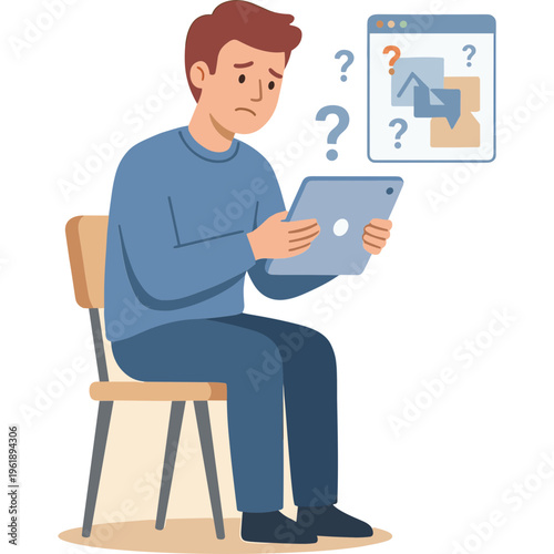 Man sits on chair confused looking at tablet with question marks