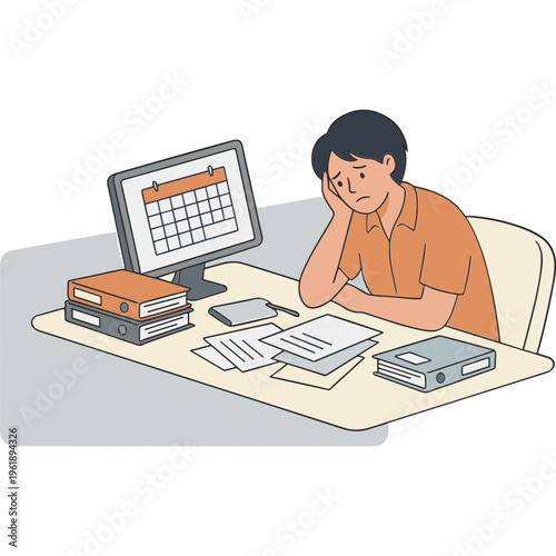 A man sits at a desk frustrated with paperwork and a calendar on the computer.
