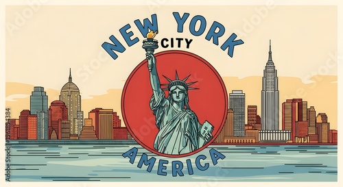 Retro illustration of New York City skyline featuring the iconic Statue of Liberty, symbolizing American freedom and urban grandeur