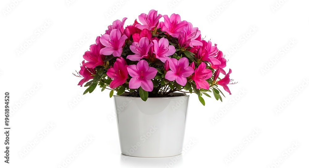 Naklejka premium Azalea plant with magenta flowers in a white pot isolated on clean background With shadow. AI GENERATED. 