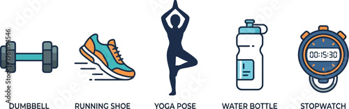 Sport and fitness equipment icons set