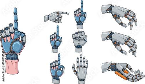 Robotic hand gestures set with futuristic cyborg arms, pointing, grabbing and mechanical movements technology vector illustration collection