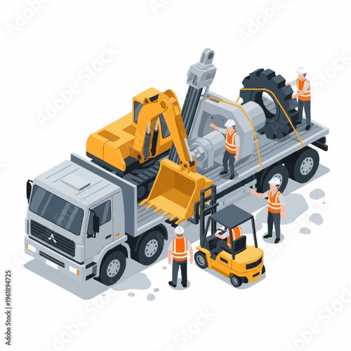 Isometric illustration of heavy machinery being loaded onto a flatbed truck by workers.
