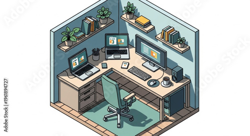 Isometric Home Office Setup with Dual Monitors and Laptop.