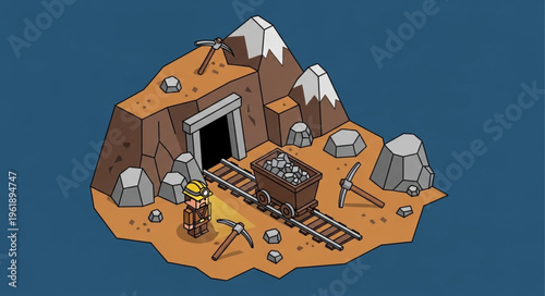Isometric Mining Scene with Miner and Ore Cart.