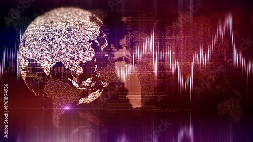 Futuristic global financial data visualization, world map and digital globe with candlestick chart, stock trading analytics, forex market dashboard, fintech infographic, big data interface