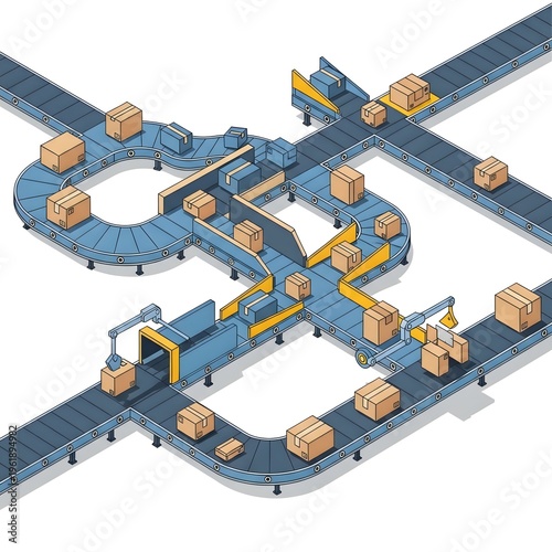 Modern logistics and delivery system with conveyor belts and boxes for efficient package handling and distribution