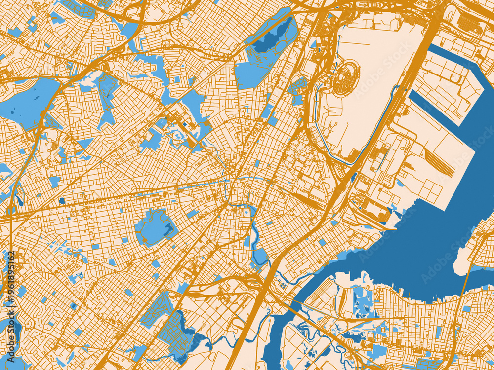 Fototapeta premium Minimal city map of Elizabeth, New Jersey with golden linework with blue water