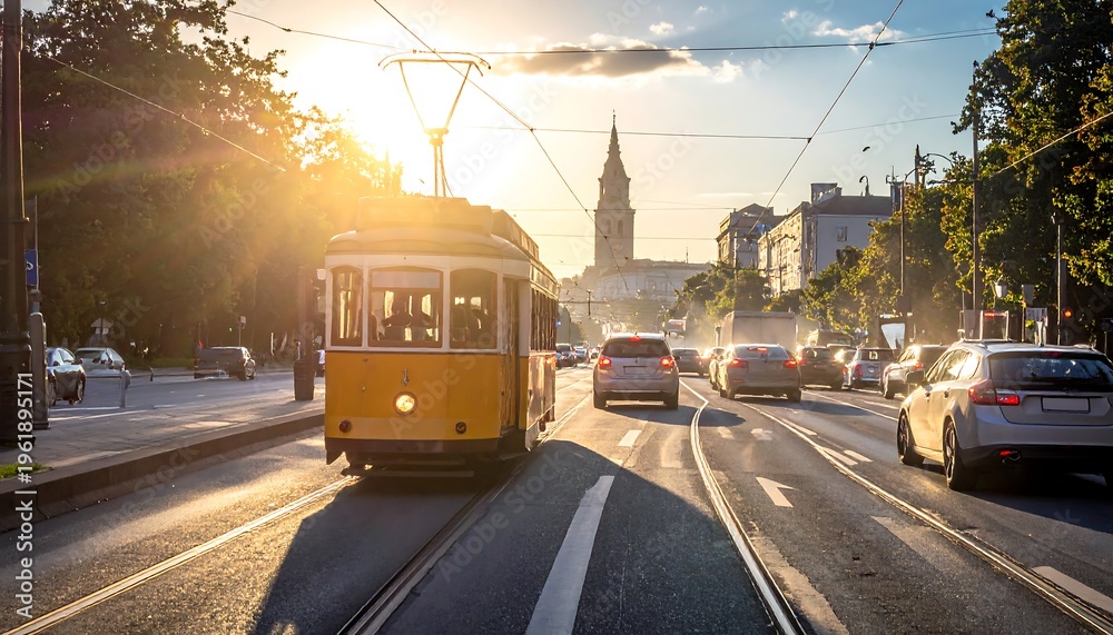 Obraz premium Sunny street scene with a yellow tram, cars, and a distant church tower at sunset