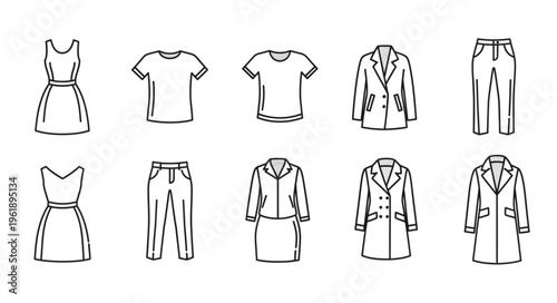 Collection of Fashionable Clothing Line Art Illustrations.