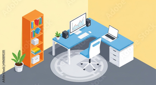 Isometric Home Office Setup with Desk, Computer, Bookshelf, and Plant.