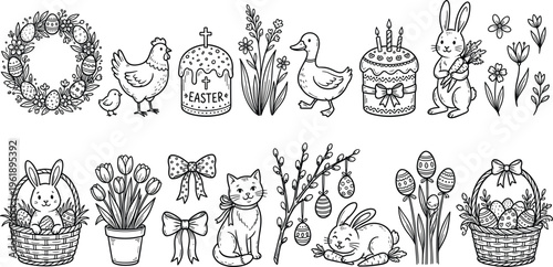 Large set of black and white Easter vector illustrations featuring bunnies chicks wreaths baskets cakes and spring flowers.