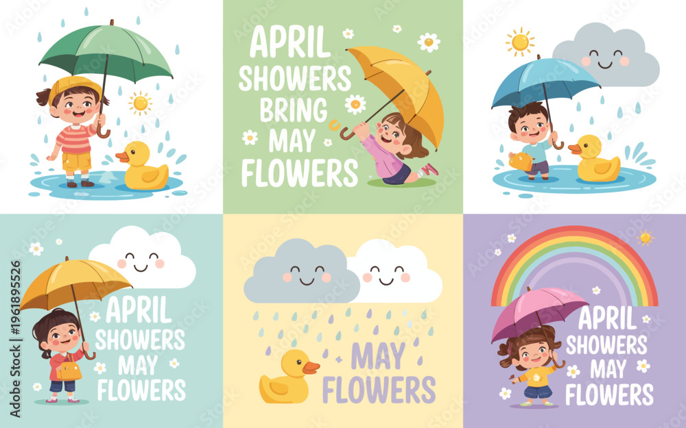 Naklejka premium Charming illustrations depict spring weather rain rainbows and children with umbrellas