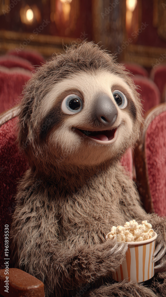 Fototapeta premium Cute Sloth Watching Movie with Popcorn – Generative AI
