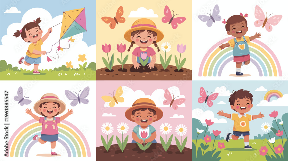 Naklejka premium Joyful children enjoying outdoor activities with kites butterflies and rainbows