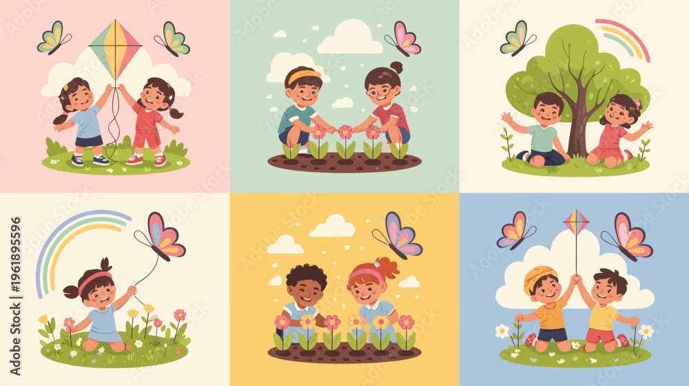 Fototapeta premium Children enjoying springtime activities flying kites gardening and playing outdoors