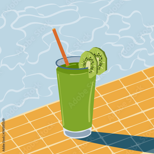 Fresh Green Kiwi Smoothie placed beside a swimming pool