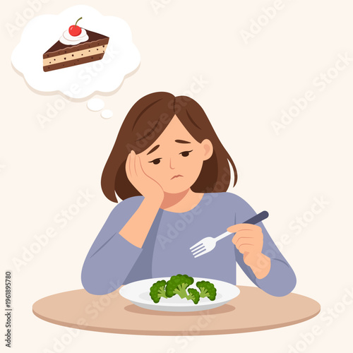 Woman sitting at a table with a plate of broccoli, showing lack of appetite. Diet struggle, healthy vs unhealthy food concept.Vector illustration