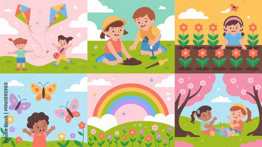 Obraz premium Children enjoying springtime activities flying kites gardening and nature exploration