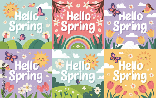 Colorful spring greetings with butterflies flowers and cheerful sun designs