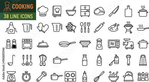 Large set of thirty eight black and white vector line icons for cooking and kitchen equipment featuring pots pans and tools.