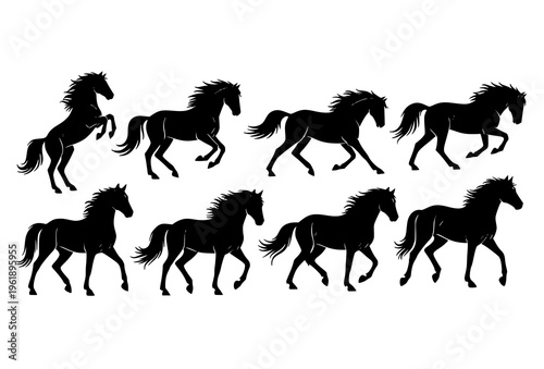 Black Horse Silhouette Set in Dynamic Poses Minimal Vector Collection for Zodiac and Logo Design