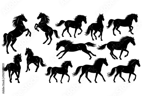 Black Horse Silhouette Set in Dynamic Poses Minimal Vector Collection for Zodiac and Logo Design