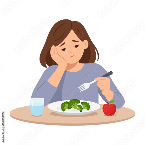 Woman with No Appetite Sitting at Table with Broccoli.Concept of diet struggle, stress, eating problems, mental health and healthy lifestyle.