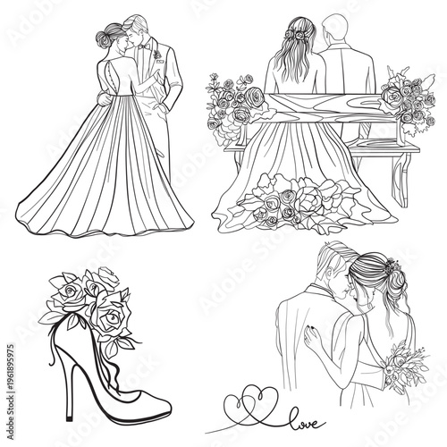 vector sketch drawing of bride and groom in a wedding dress with a bouquet, roses, flowers, leaves, wedding shoes.