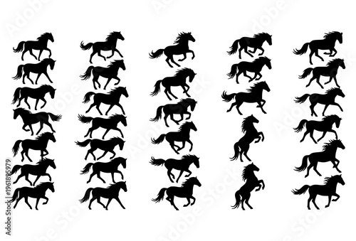 Bold Horse Silhouette Collection with Strong Equine Shapes for Emblem Print and Zodiac Design